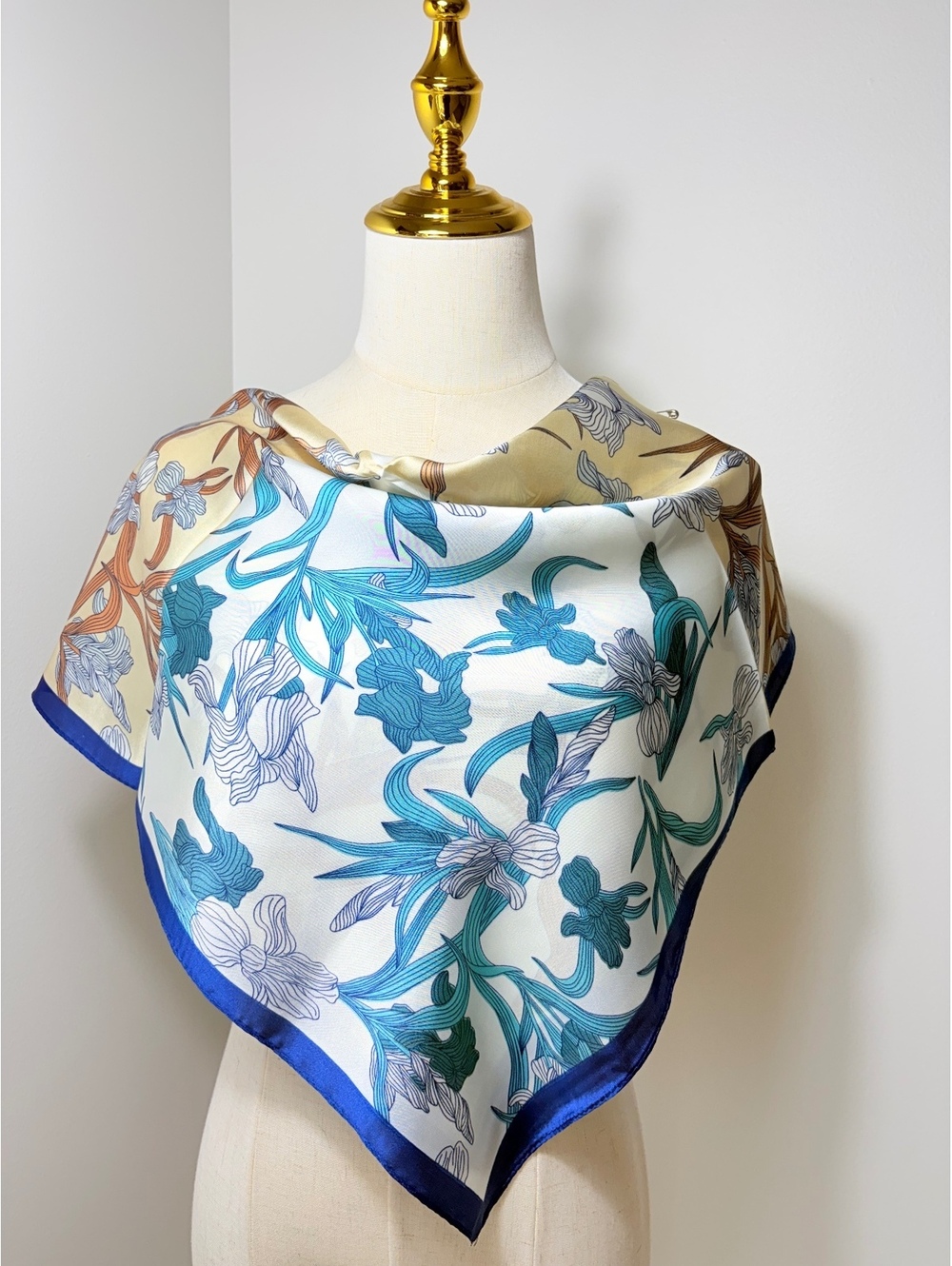 Elegant Floral Square Scarf with Navy Blue Border, Lightweight and Versatile